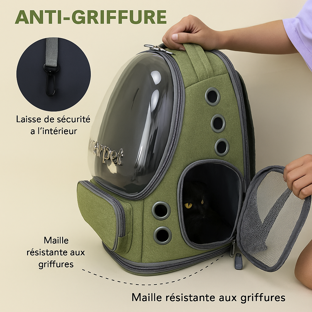Sac à dos de transport pour chat — dôme transparent, ventilé et anti-griffure