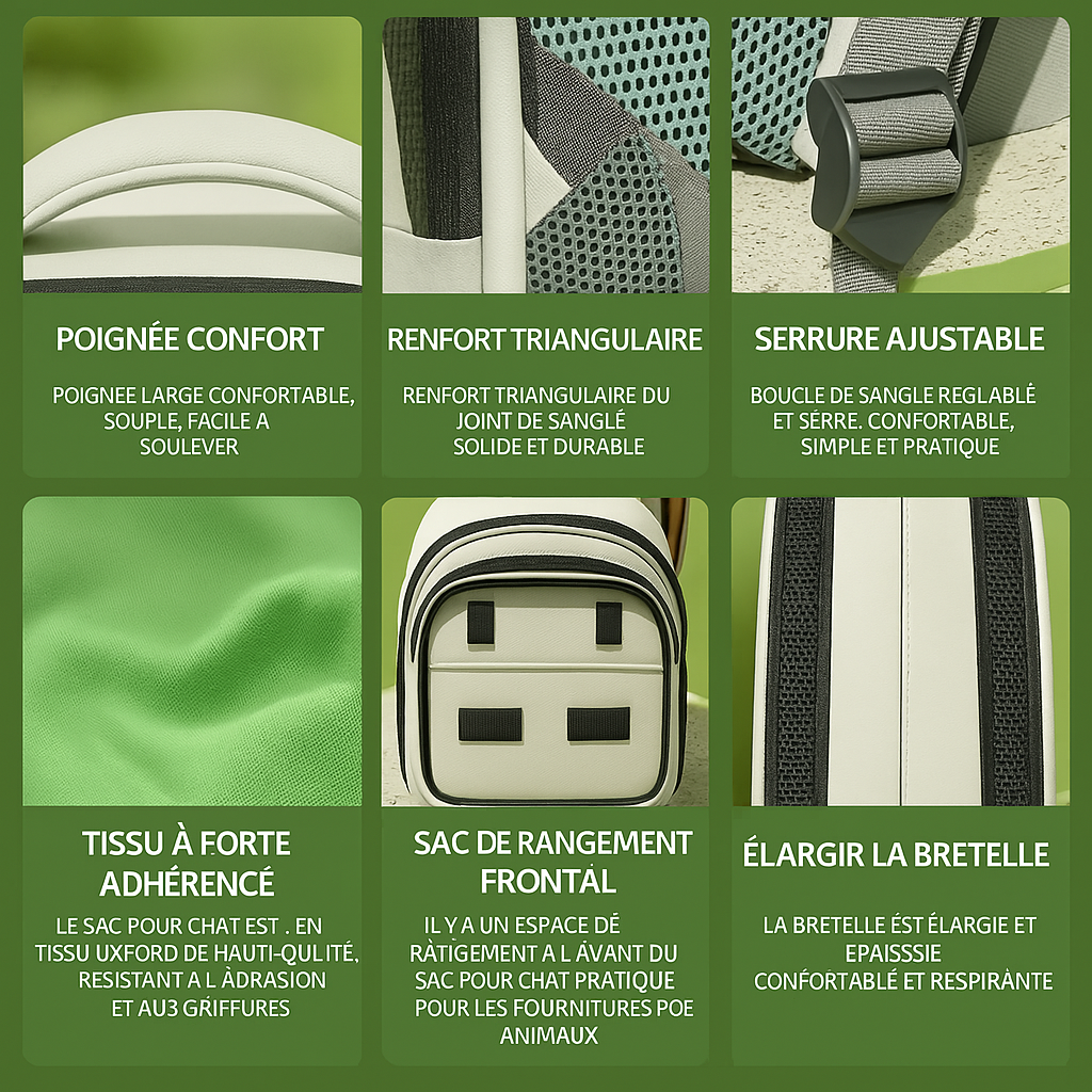 Sac à dos de transport pour chat — fenêtre frontale, maille latérale, port confortable