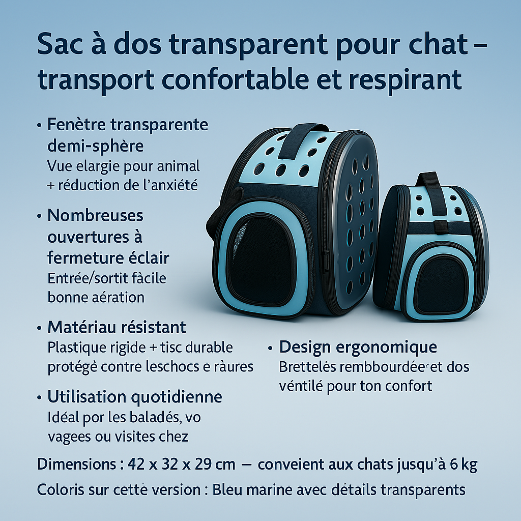Sac de transport pour chat transparent — vue panoramique, aéré et rassurant