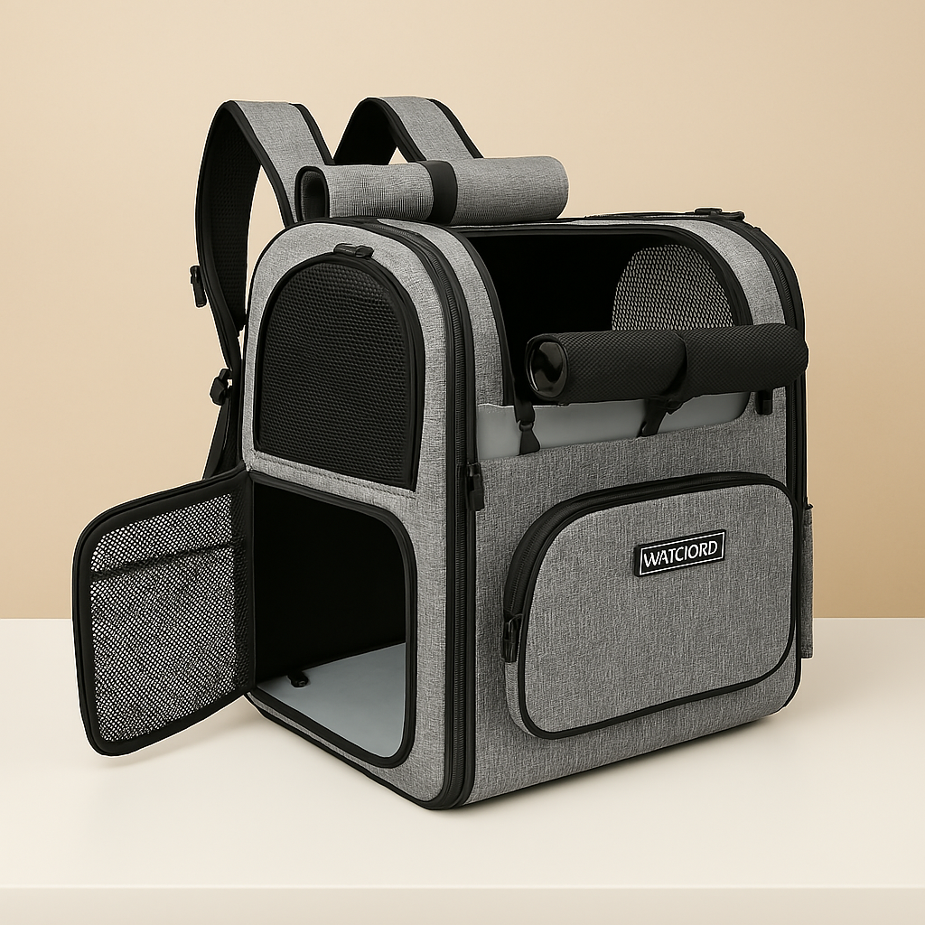 Sac à dos de transport pour chat — ergonomique, grande ouverture haut + face