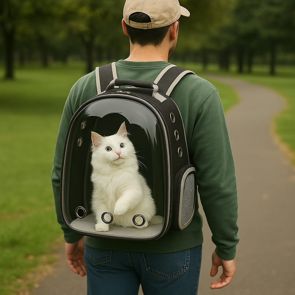 Sac à dos de transport pour chat transparent — vue panoramique et aération 360