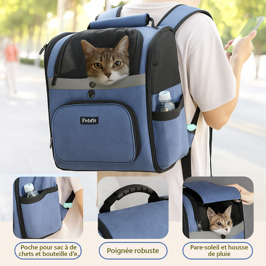 Sac à dos de transport pour chat — ergonomique, grande ouverture haut + face